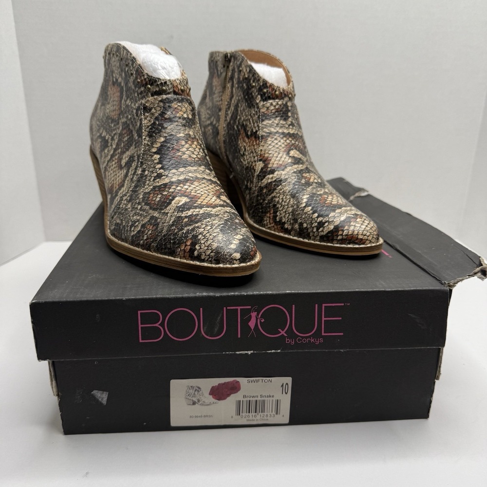 Corkys Boutique Swifton Brown Snake Print Ankle Booties Women 10 80-9948-BRSN